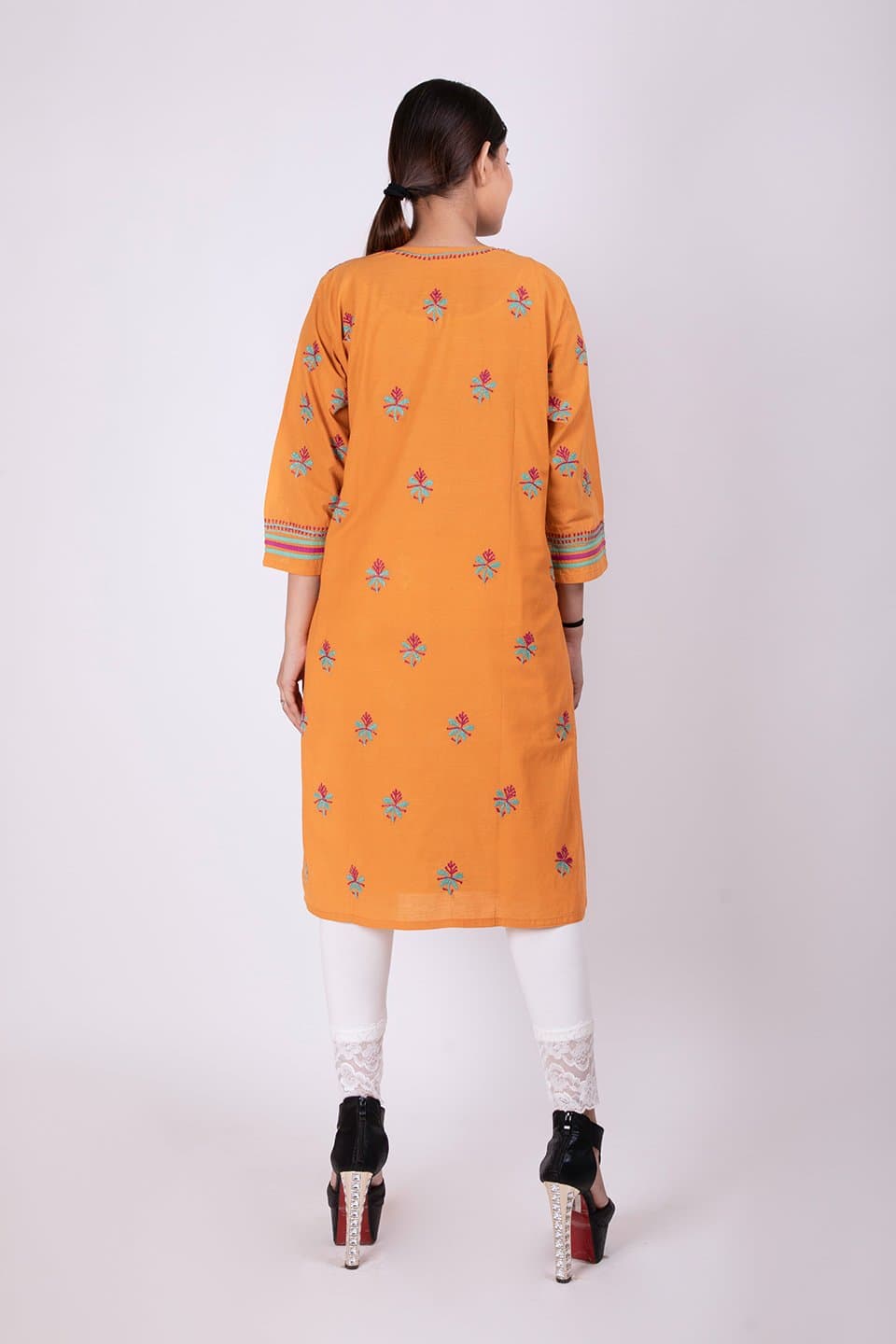 Lucknow Chikan Emporium Hand Chikankari Lucknowi  South Cotton Kurti (Dark Mustard Color) 