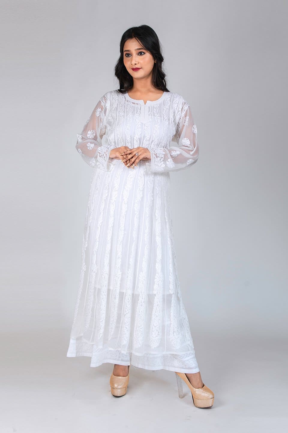 Lucknow Chikan Emporium Hand Chikankari   Semi  Georgette Anarkali  (White Color) 