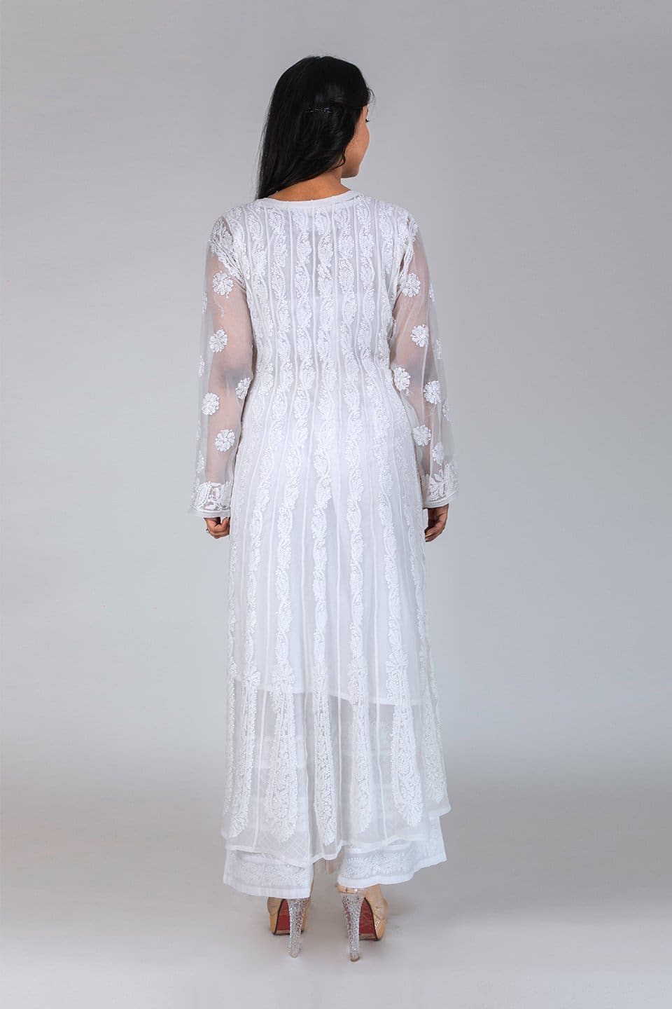 Lucknow Chikan Emporium Hand Chikankari   Semi  Georgette Anarkali  (White Color) 