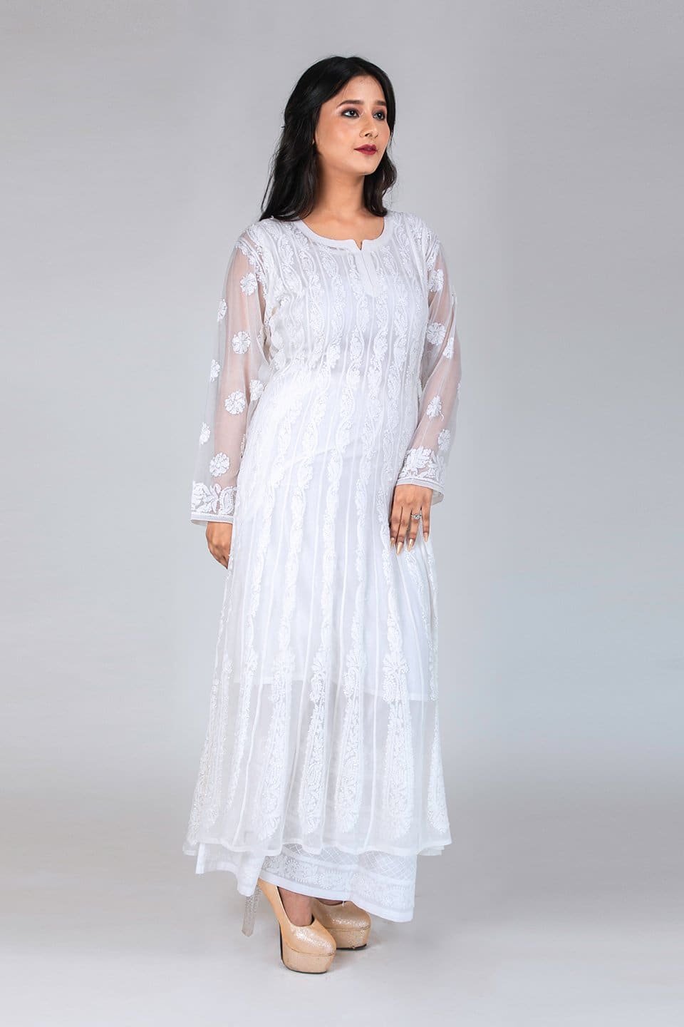 Lucknow Chikan Emporium Hand Chikankari   Semi  Georgette Anarkali  (White Color) 