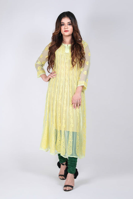 Lucknow Chikan Emporium Hand Chikankari Semi  Georgette  Anarkali  (Yellow Color) 