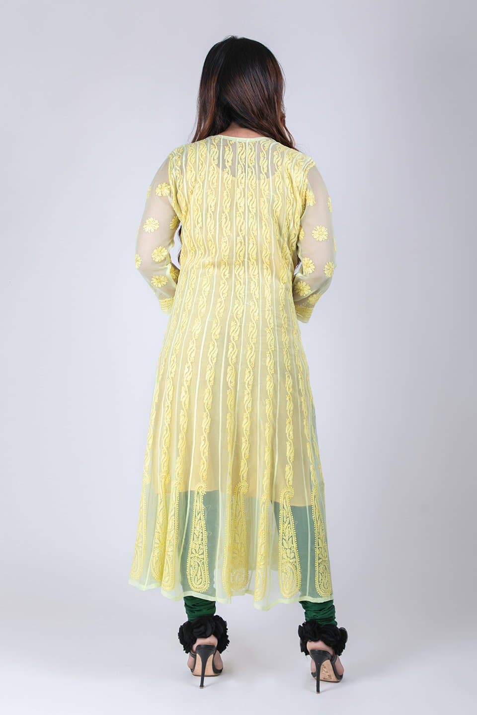 Lucknow Chikan Emporium Hand Chikankari Semi  Georgette  Anarkali  (Yellow Color) 