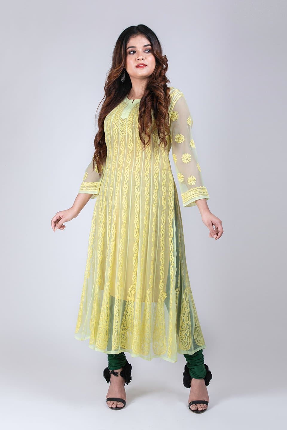 Lucknow Chikan Emporium Hand Chikankari Semi  Georgette  Anarkali  (Yellow Color) 