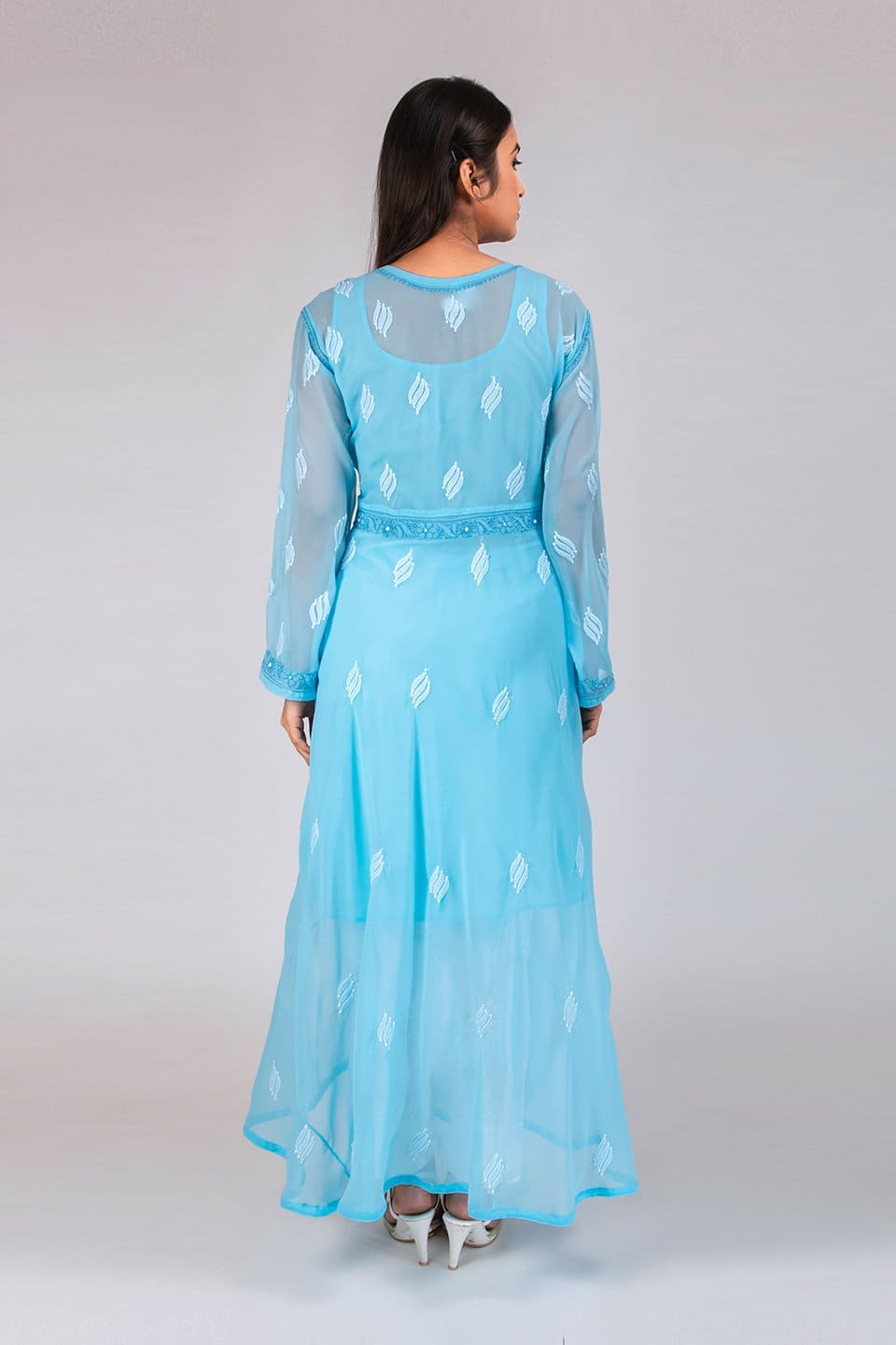 Lucknow Chikan Emporium Hand Chikankari  Semi  Georgette Gown (Light Blue Color) 