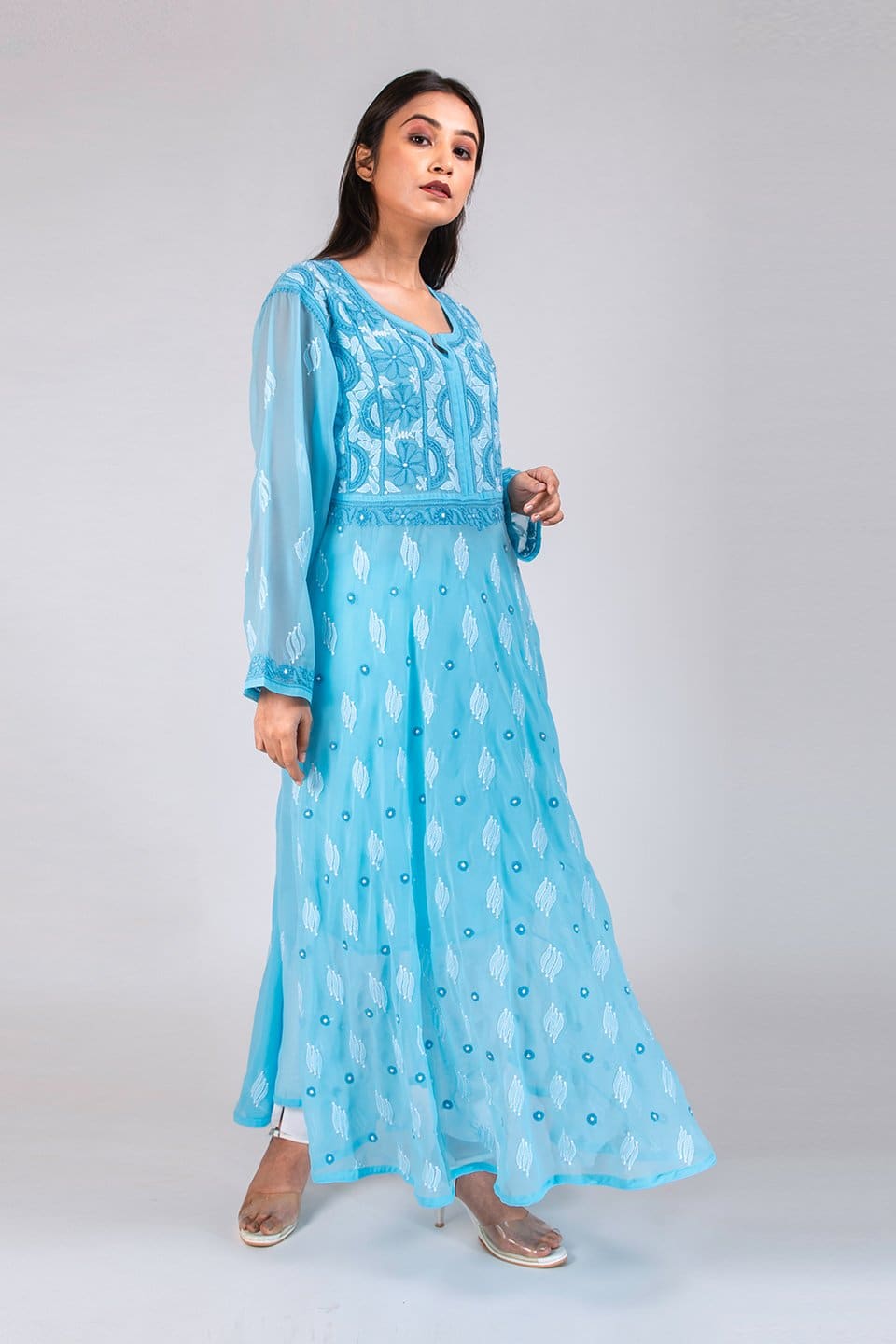 Lucknow Chikan Emporium Hand Chikankari  Semi  Georgette Gown (Light Blue Color) 