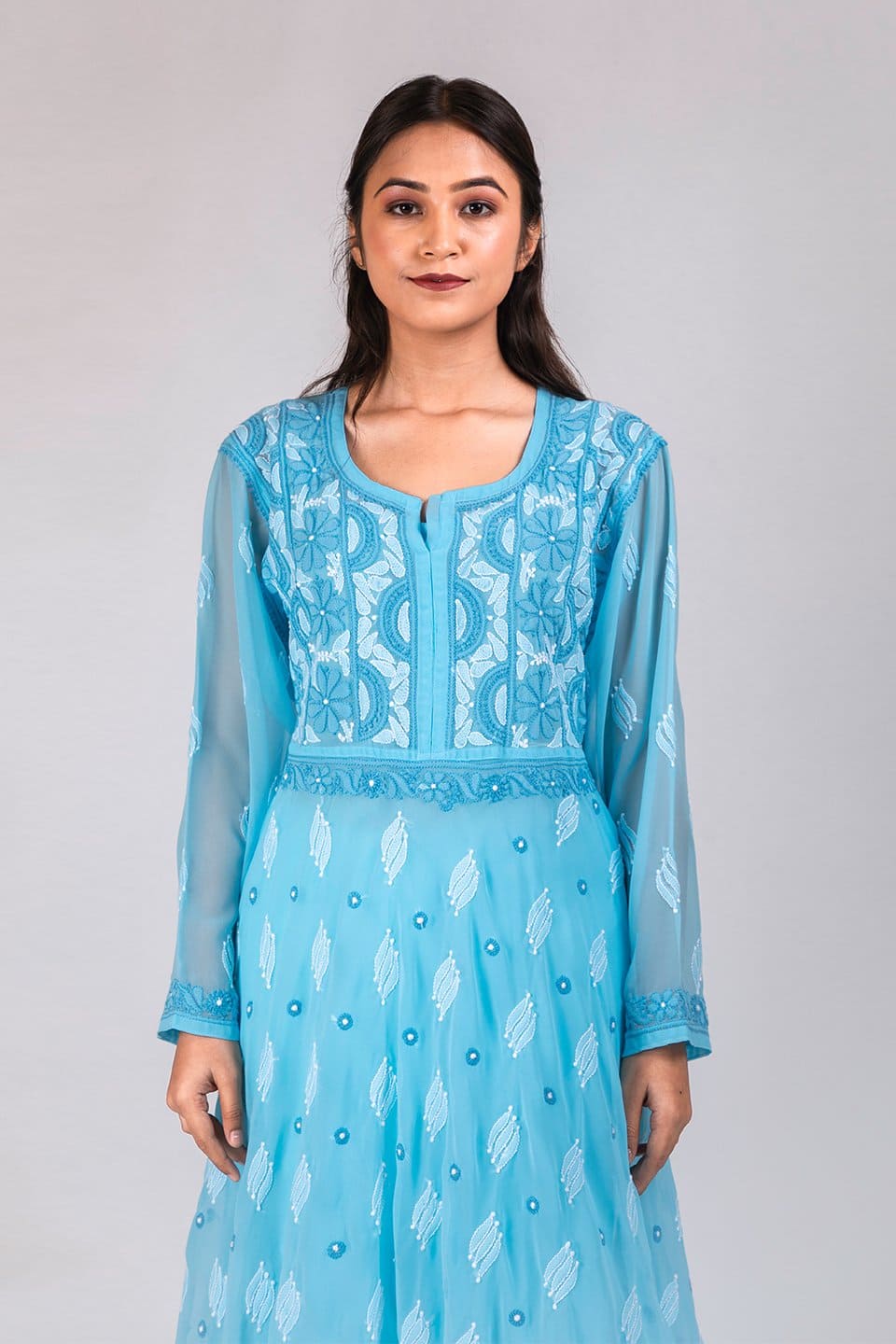 Lucknow Chikan Emporium Hand Chikankari  Semi  Georgette Gown (Light Blue Color) 
