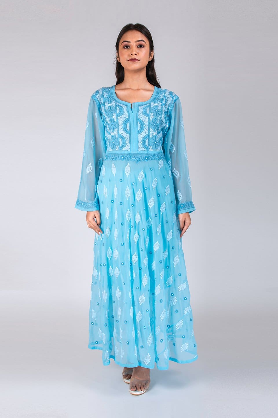 Lucknow Chikan Emporium Hand Chikankari  Semi  Georgette Gown (Light Blue Color) 