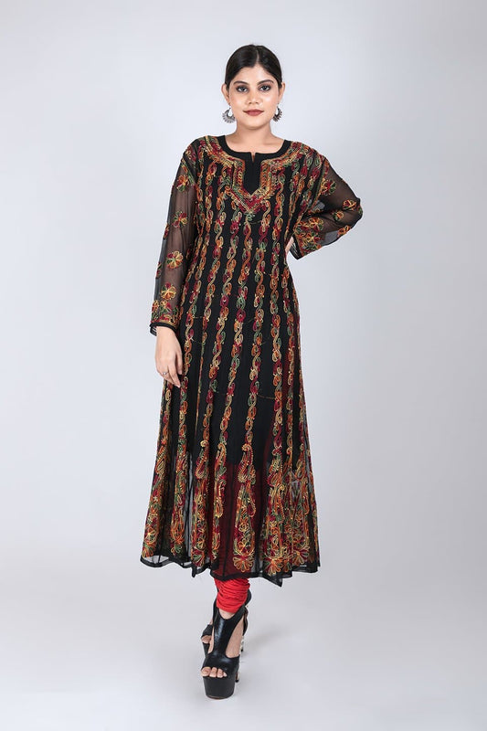 Lucknow Chikan Emporium Hand Chikankari Semi  Georgette Kurti (Black Color) 