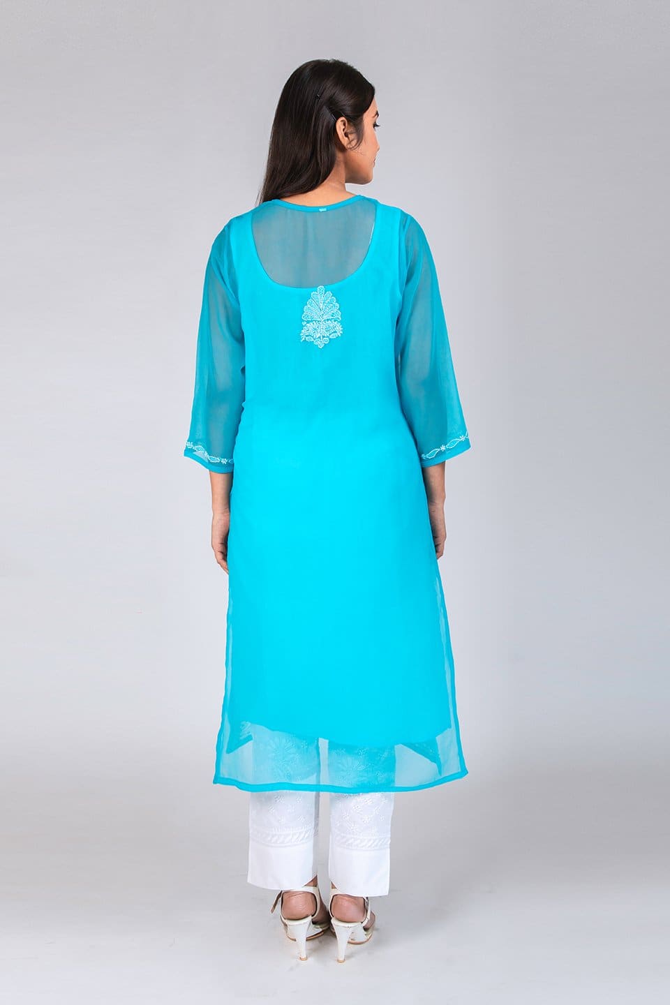 Lucknow Chikan Emporium Hand Chikankari Semi  Georgette Kurti (Bright Blue) 