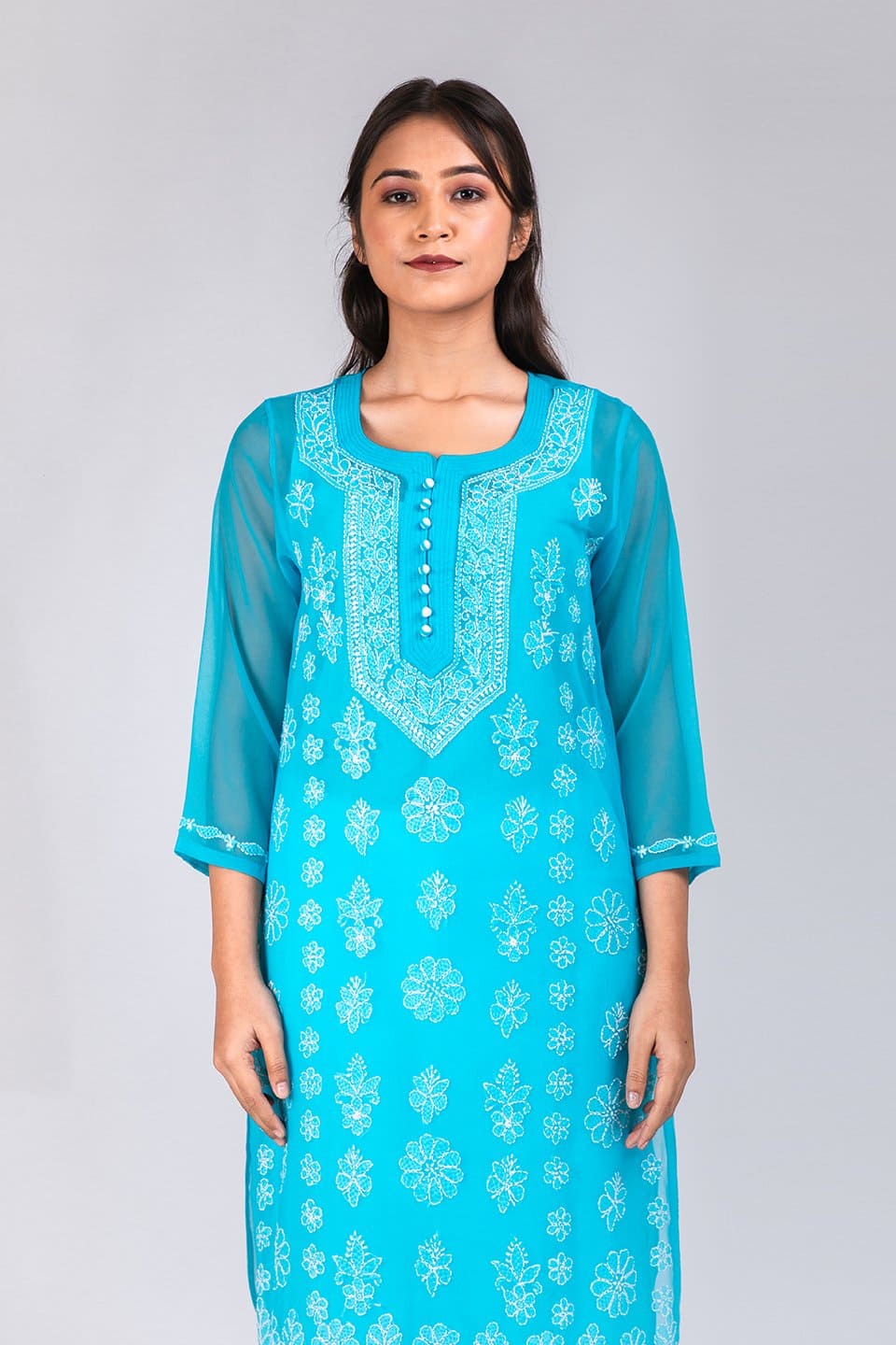 Lucknow Chikan Emporium Hand Chikankari Semi  Georgette Kurti (Bright Blue) 