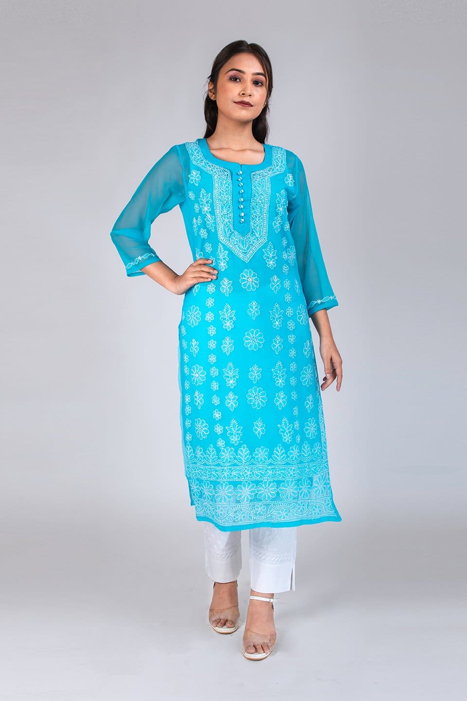 Lucknow Chikan Emporium Hand Chikankari Semi  Georgette Kurti (Bright Blue) 