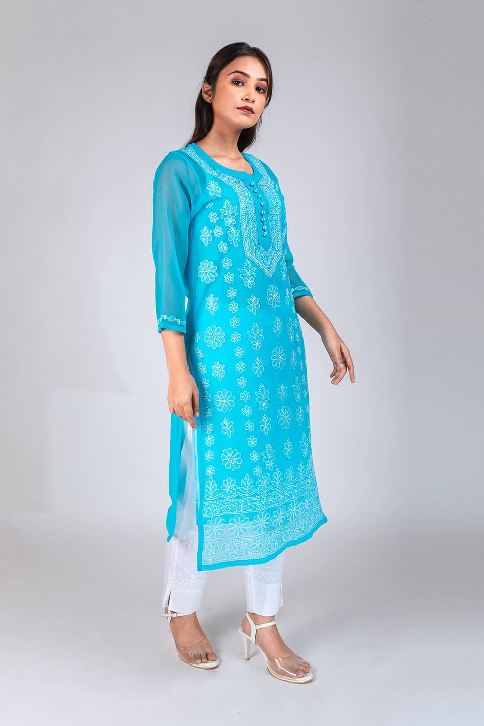 Lucknow Chikan Emporium Hand Chikankari Semi  Georgette Kurti (Bright Blue) 