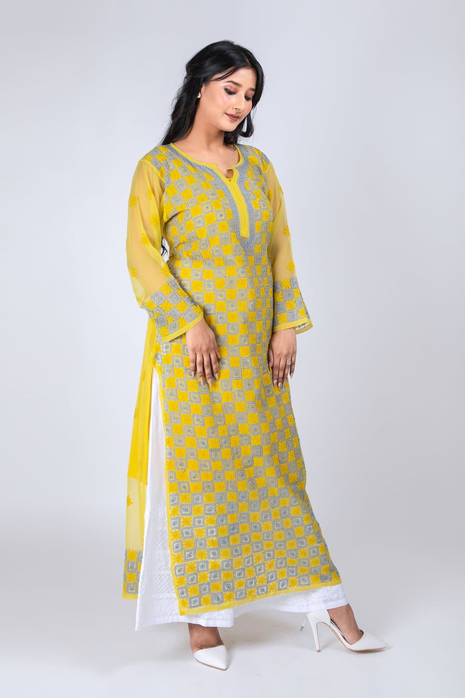 Lucknow Chikan Emporium Hand Chikankari Semi Georgette  Kurti (Mehndi) 