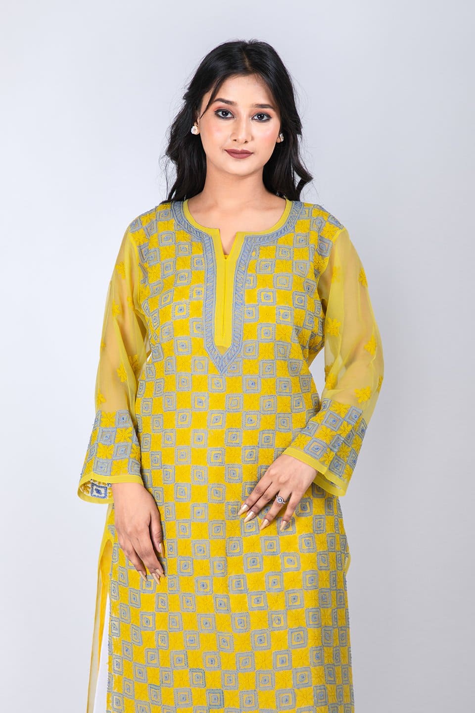 Lucknow Chikan Emporium Hand Chikankari Semi Georgette  Kurti (Mehndi) 
