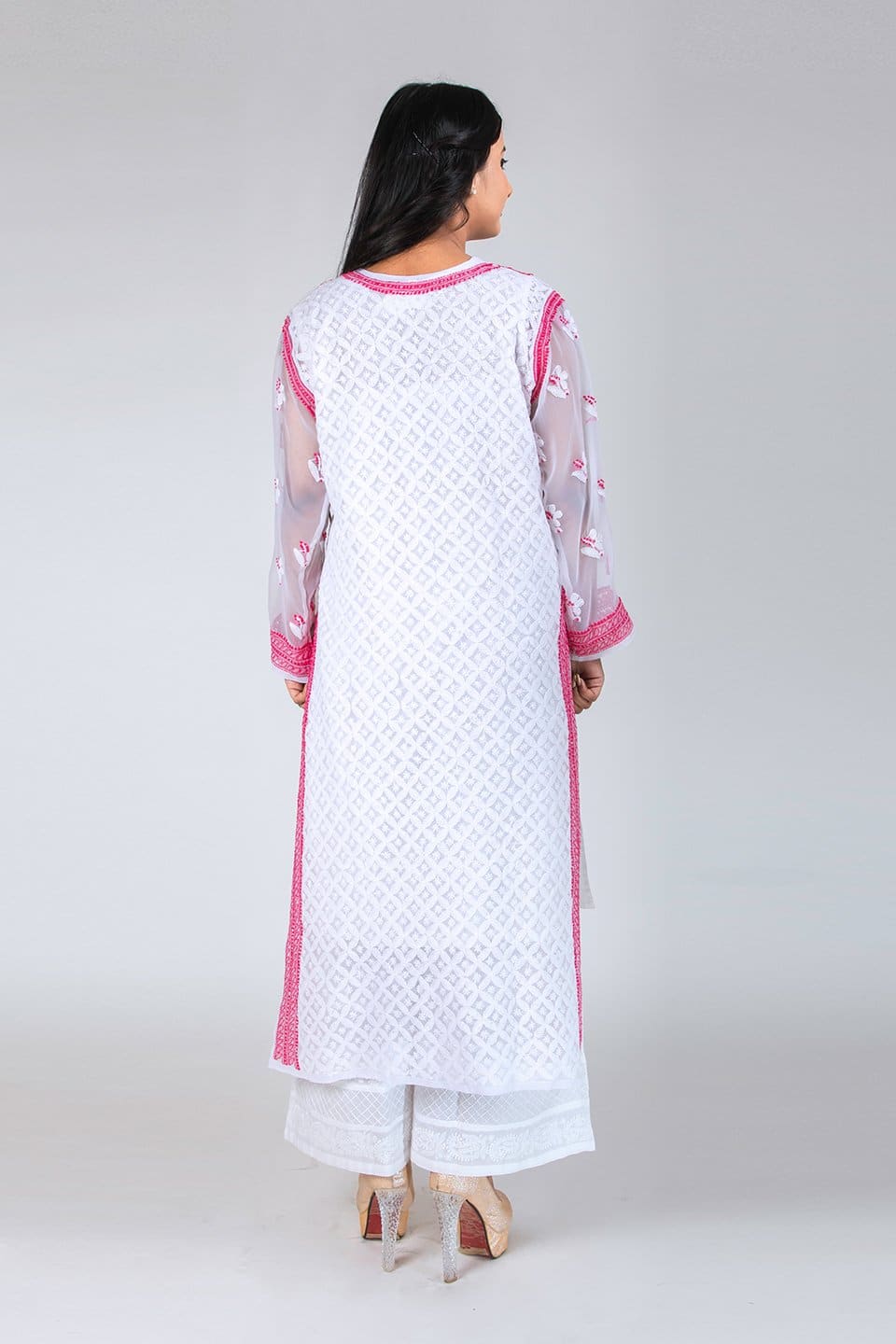 Lucknow Chikan Emporium Hand Chikankari Semi Georgette Kurti (White Color) 