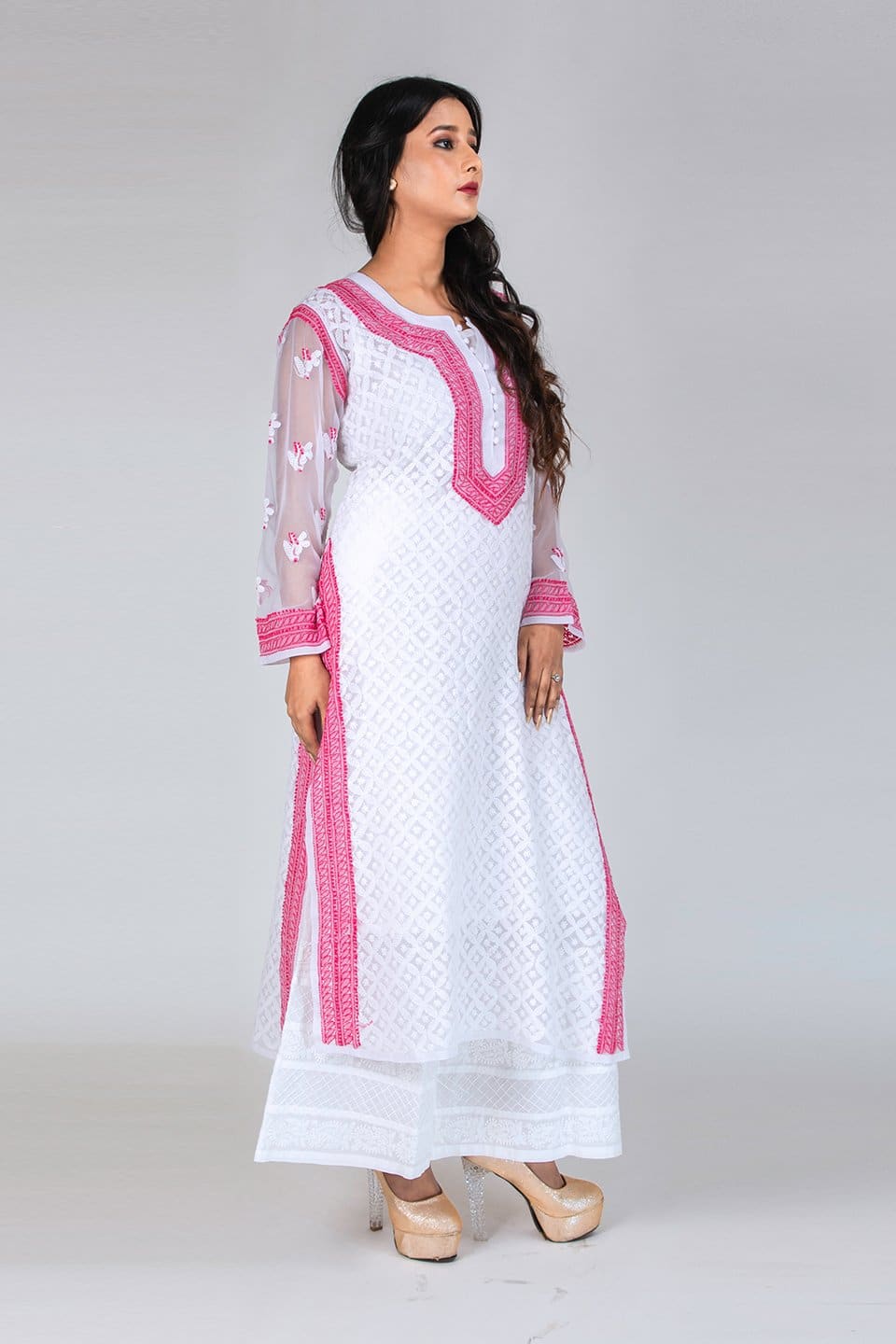 Lucknow Chikan Emporium Hand Chikankari Semi Georgette Kurti (White Color) 