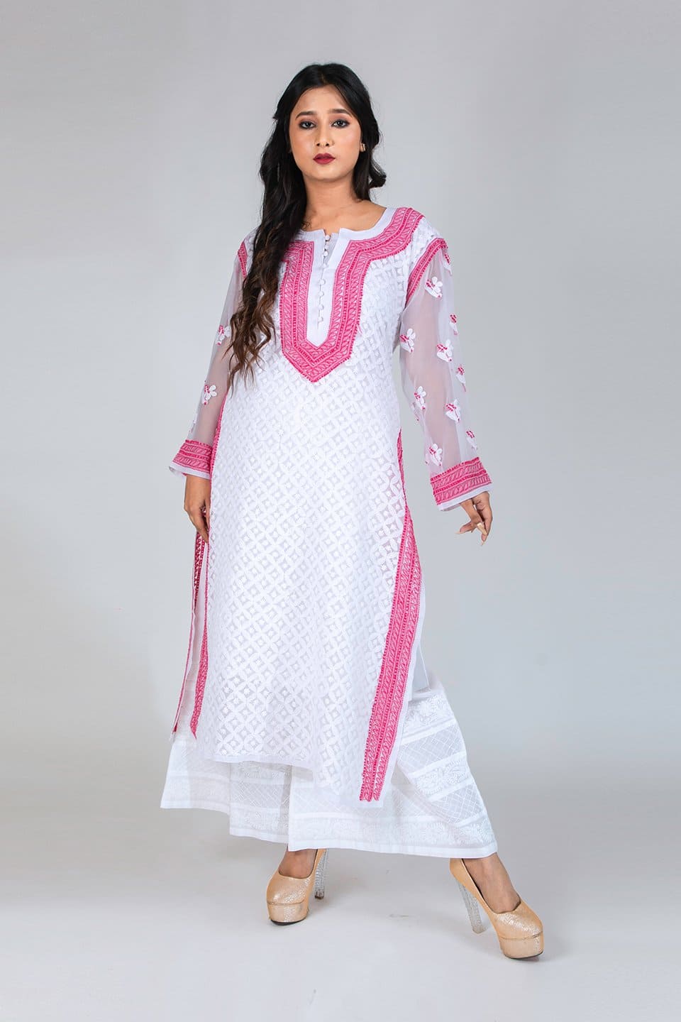Lucknow Chikan Emporium Hand Chikankari Semi Georgette Kurti (White Color) 