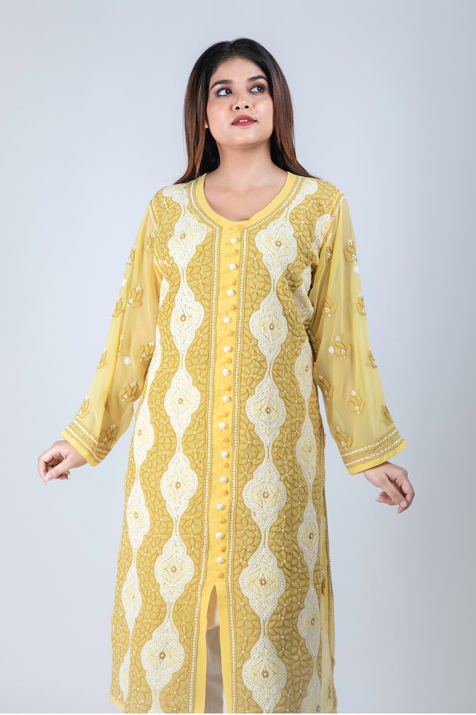 Lucknow Chikan Emporium Hand Chikankari Semi Georgette Kurti (Yellow) 