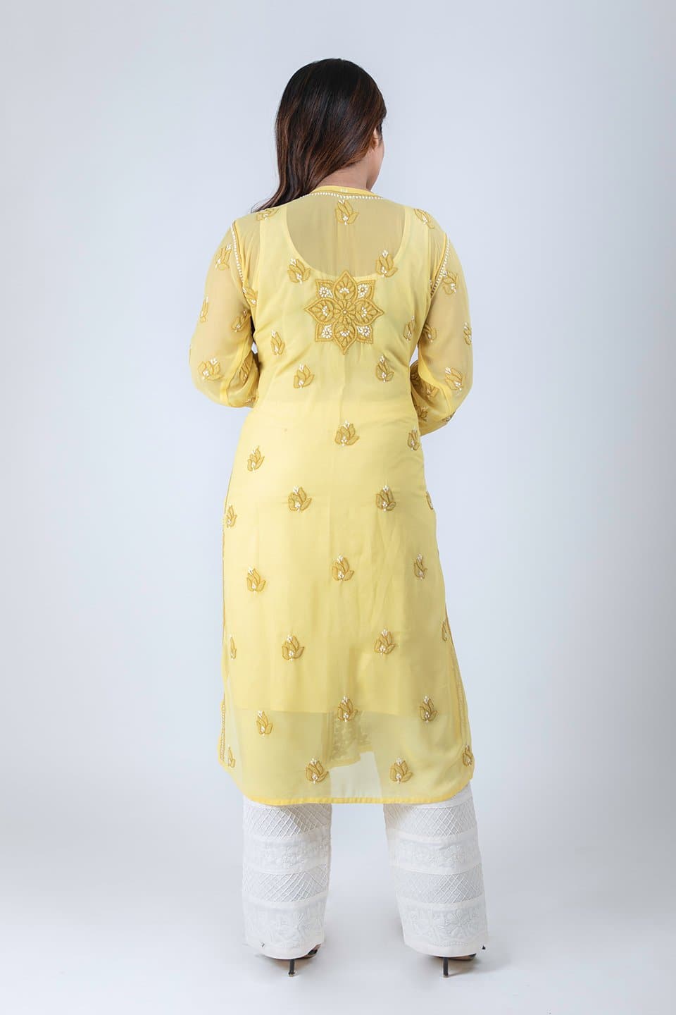 Lucknow Chikan Emporium Hand Chikankari Semi Georgette Kurti (Yellow) 