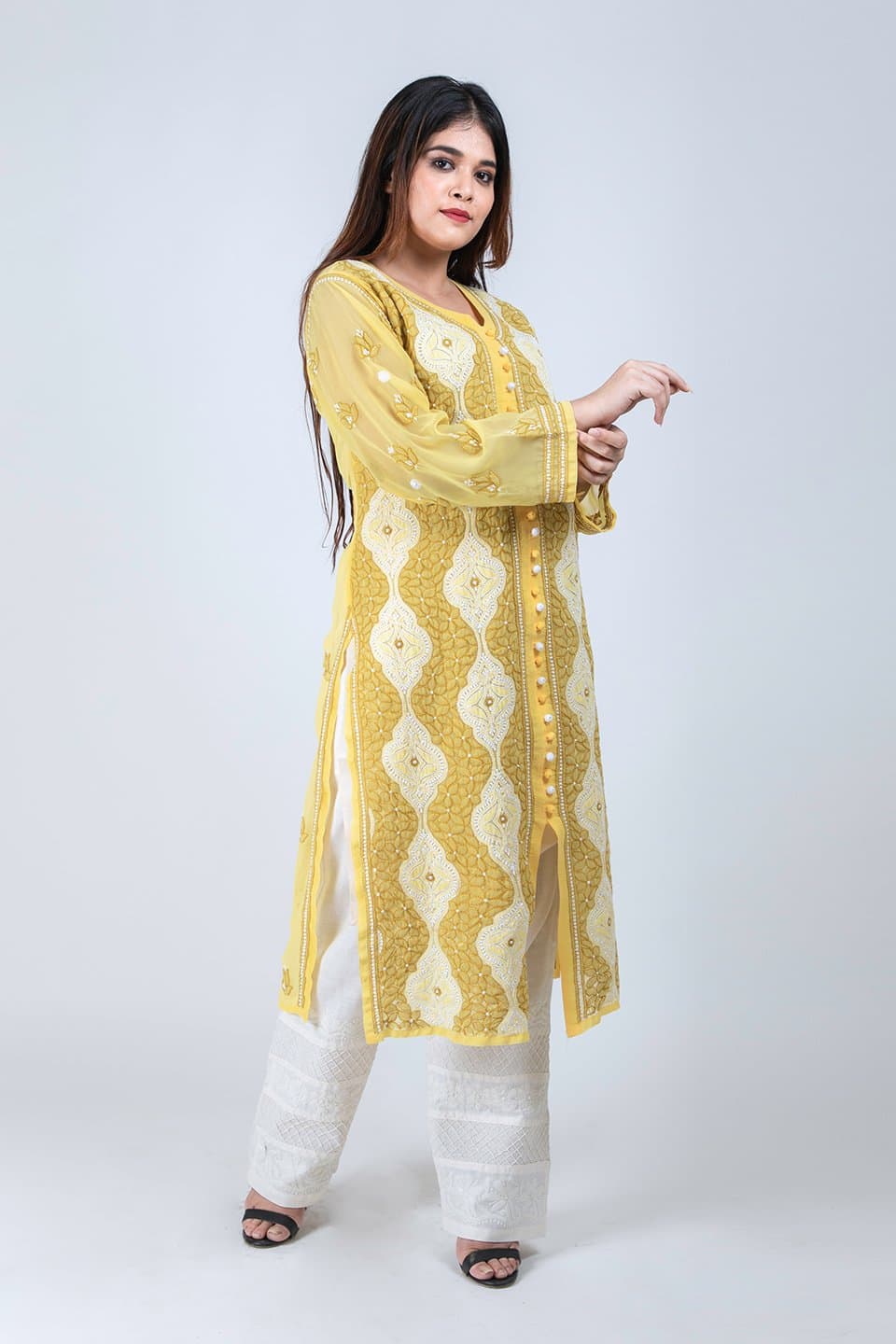 Lucknow Chikan Emporium Hand Chikankari Semi Georgette Kurti (Yellow) 
