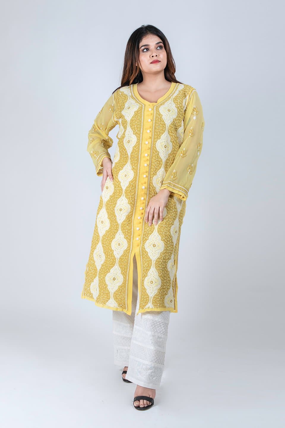 Lucknow Chikan Emporium Hand Chikankari Semi Georgette Kurti (Yellow) 