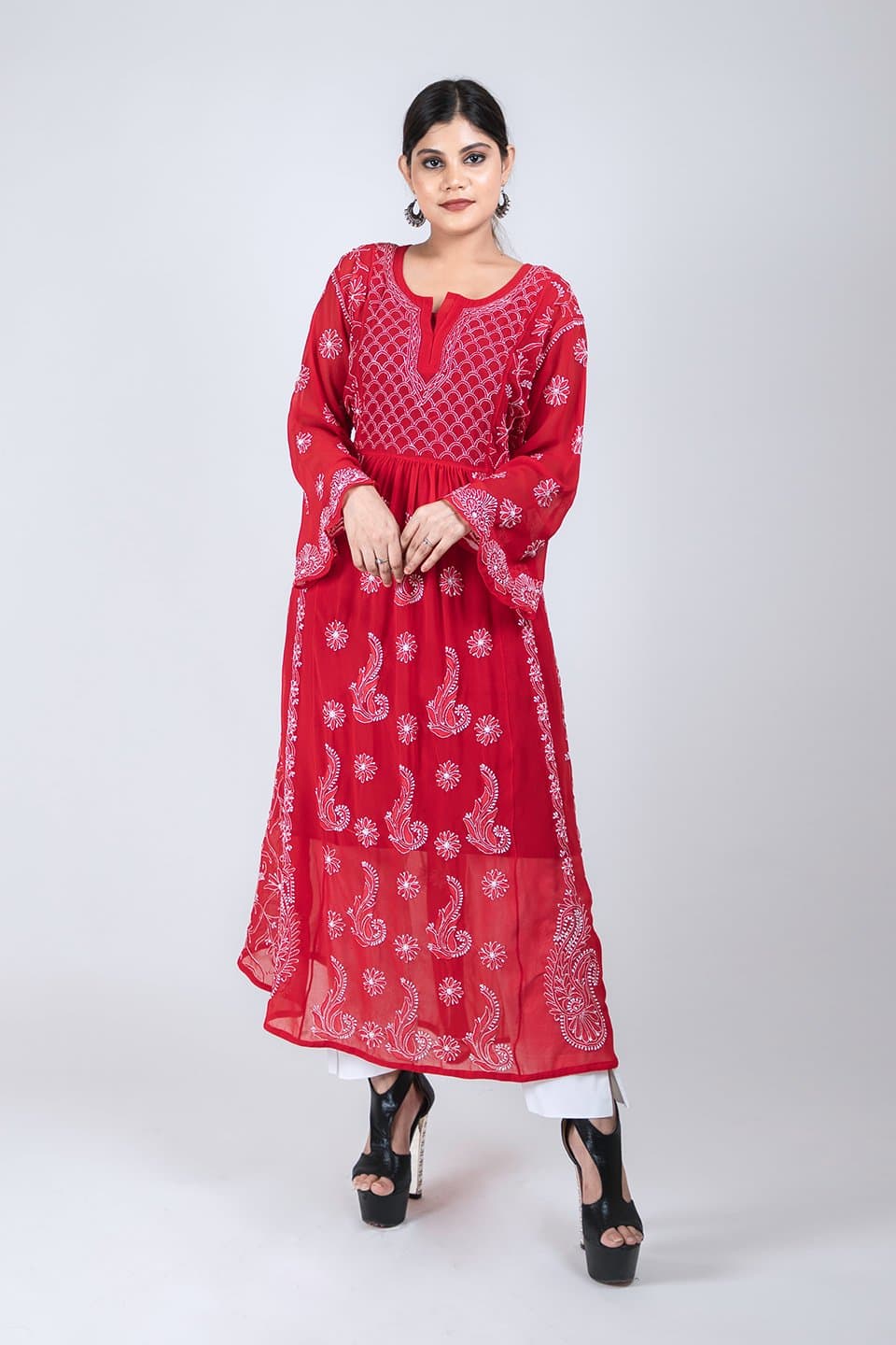 Lucknow Chikan Emporium Hand Chikankari  Semi  Georgette. Kurti (Red Color) 