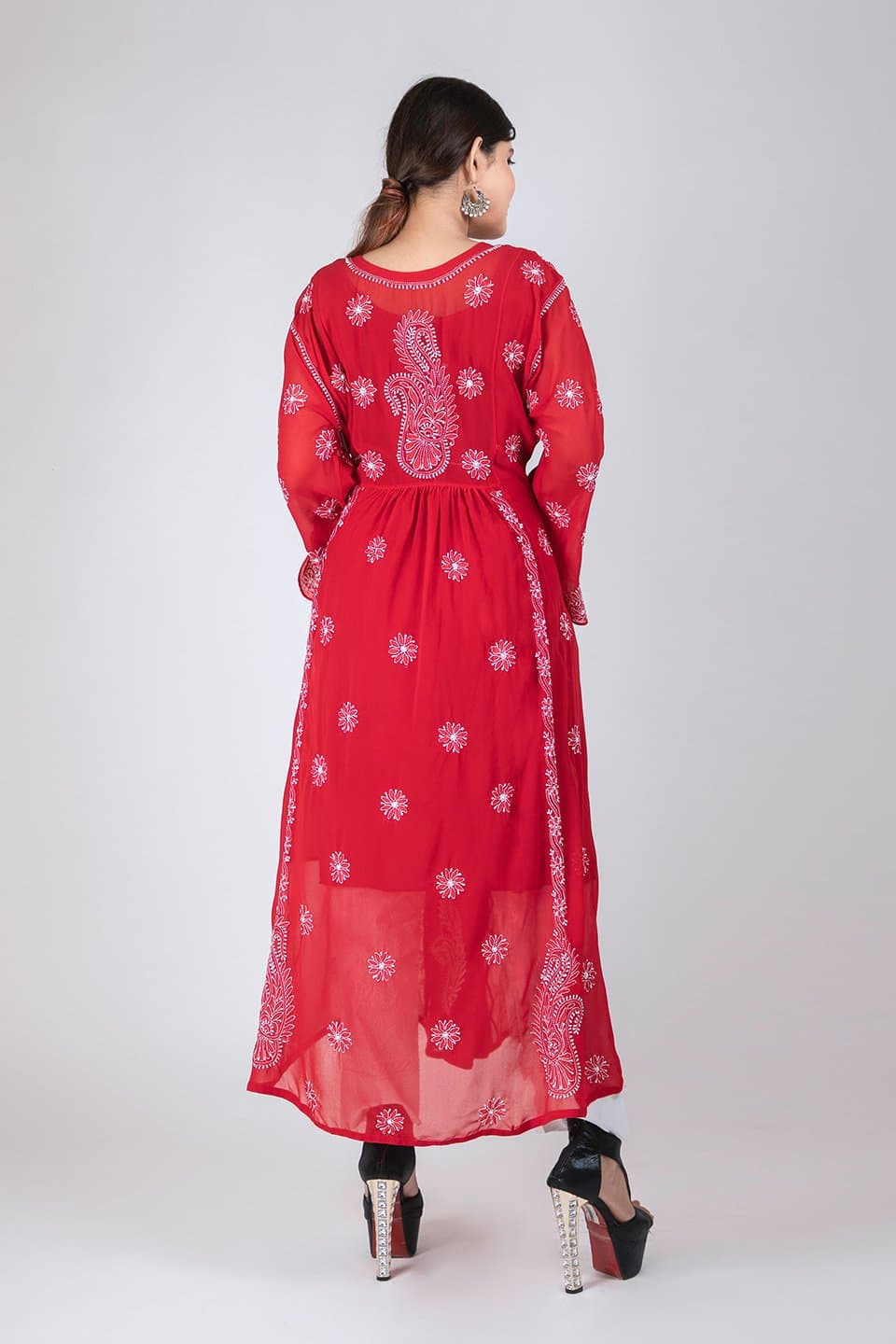 Lucknow Chikan Emporium Hand Chikankari  Semi  Georgette. Kurti (Red Color) 