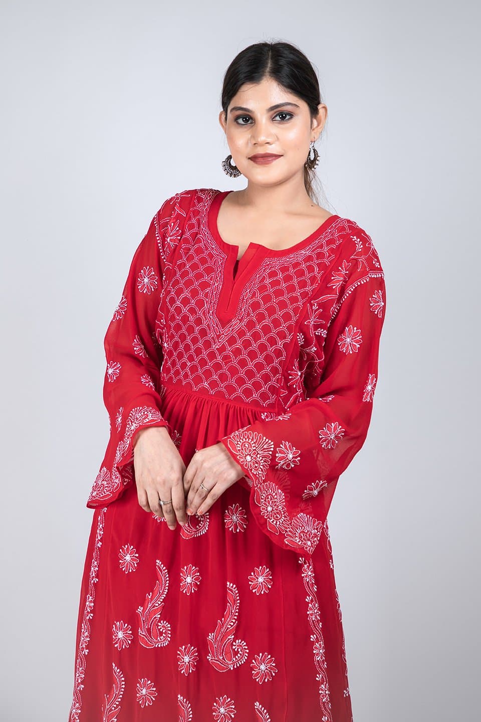 Lucknow Chikan Emporium Hand Chikankari  Semi  Georgette. Kurti (Red Color) 