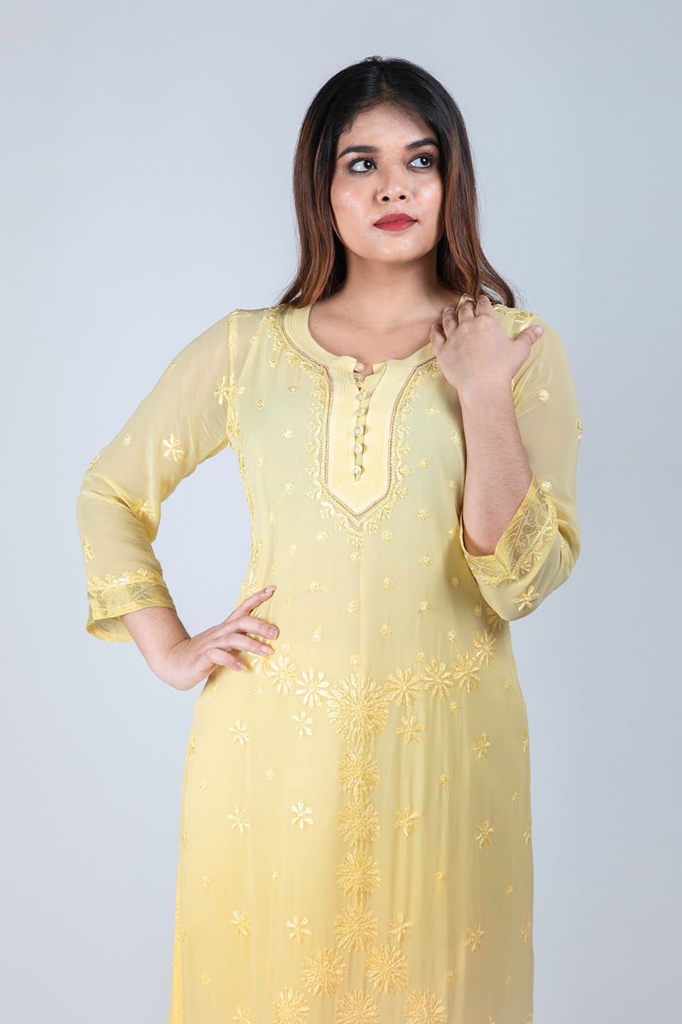 Lucknow Chikan Emporium Hand Chikankari Viscose  Georgette Kurti (Elegant Shaded) 