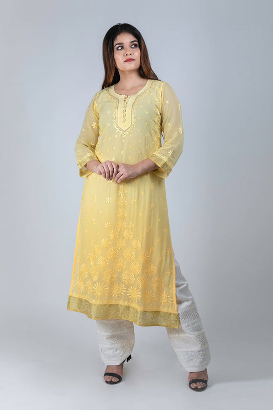 Lucknow Chikan Emporium Hand Chikankari Viscose  Georgette Kurti (Elegant Shaded) 