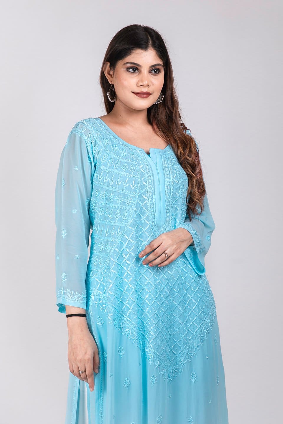 Lucknow Chikan Emporium Hand Chikankari Viscose Kurti (Elegant Ferozi) 