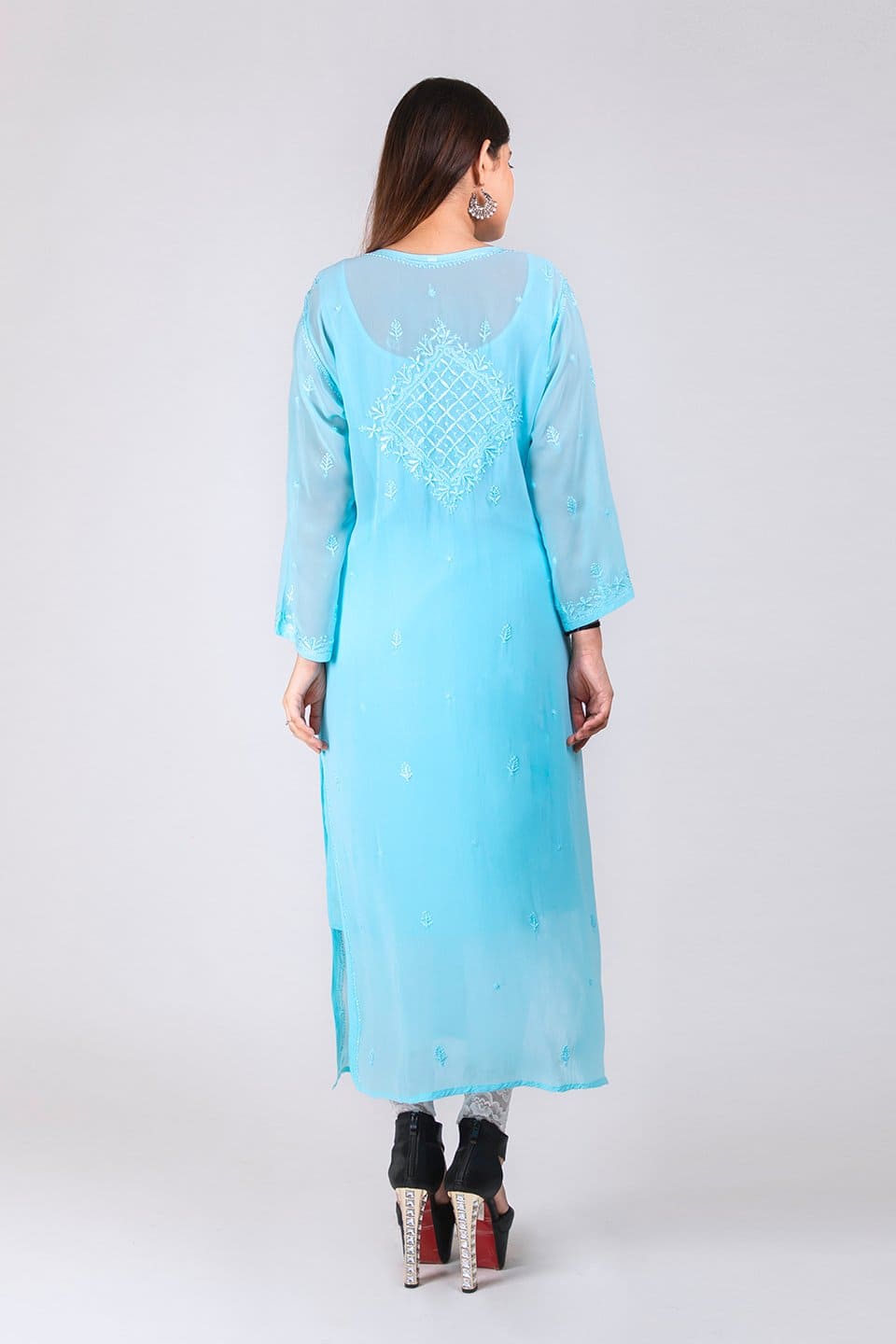 Lucknow Chikan Emporium Hand Chikankari Viscose Kurti (Elegant Ferozi) 