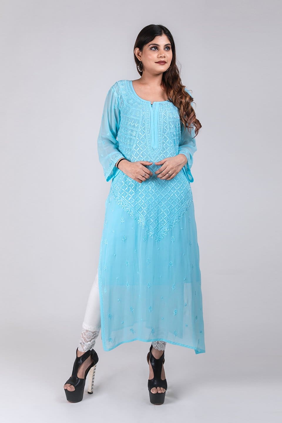 Lucknow Chikan Emporium Hand Chikankari Viscose Kurti (Elegant Ferozi) 
