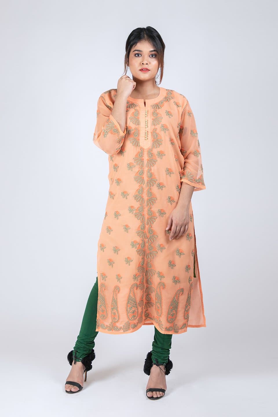 Lucknow Chikan Emporium Hand Lucknowi Chikankari Kurti (Dark Peach Color) 
