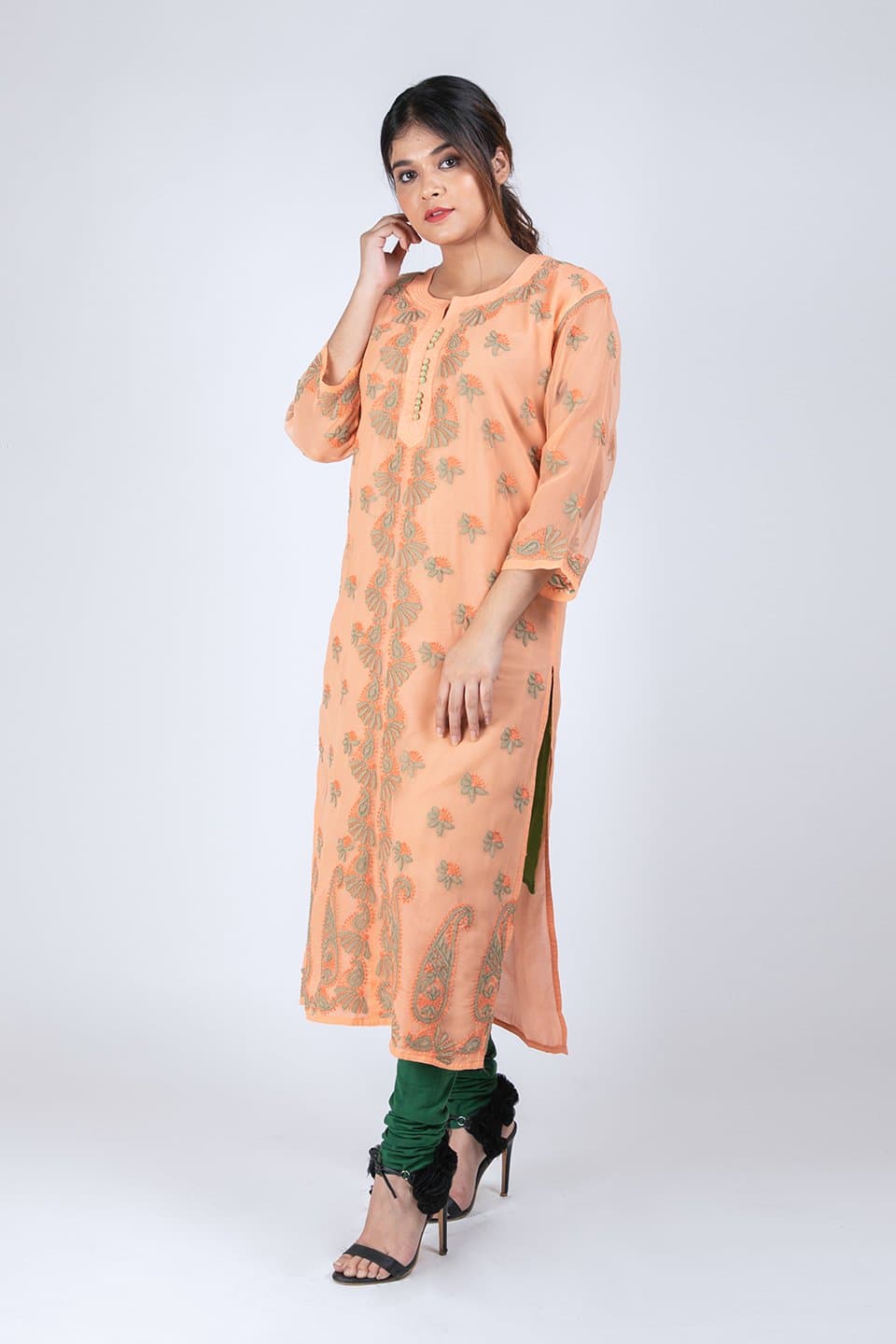 Lucknow Chikan Emporium Hand Lucknowi Chikankari Kurti (Dark Peach Color) 