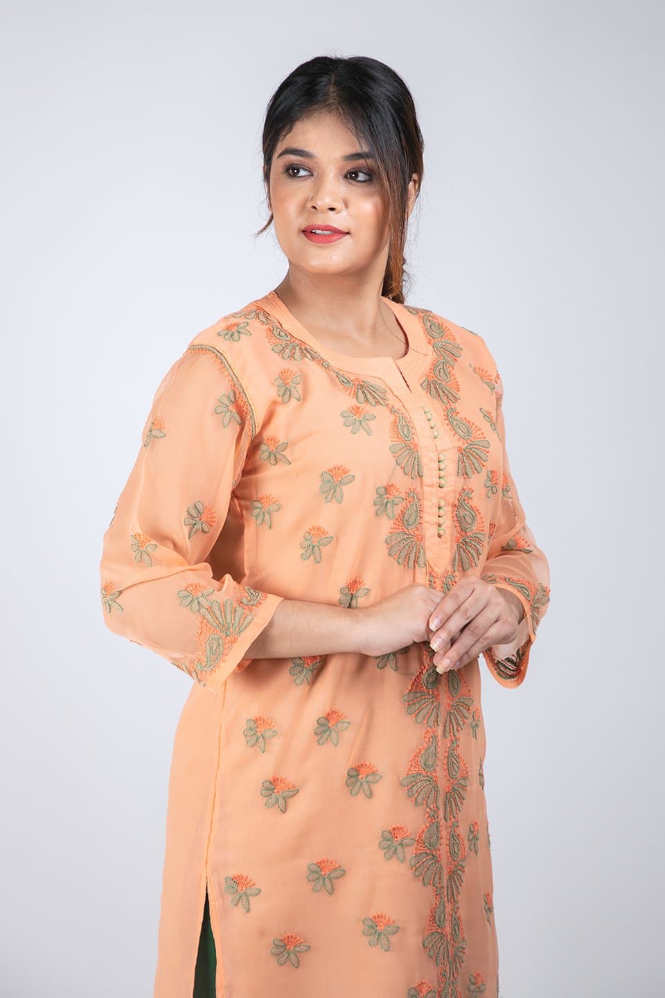 Lucknow Chikan Emporium Hand Lucknowi Chikankari Kurti (Dark Peach Color) 