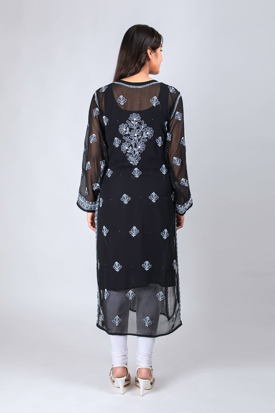 Lucknow Chikan Emporium Hand Lucknowi Chikankari Semi Georgette Kurti (Black) 