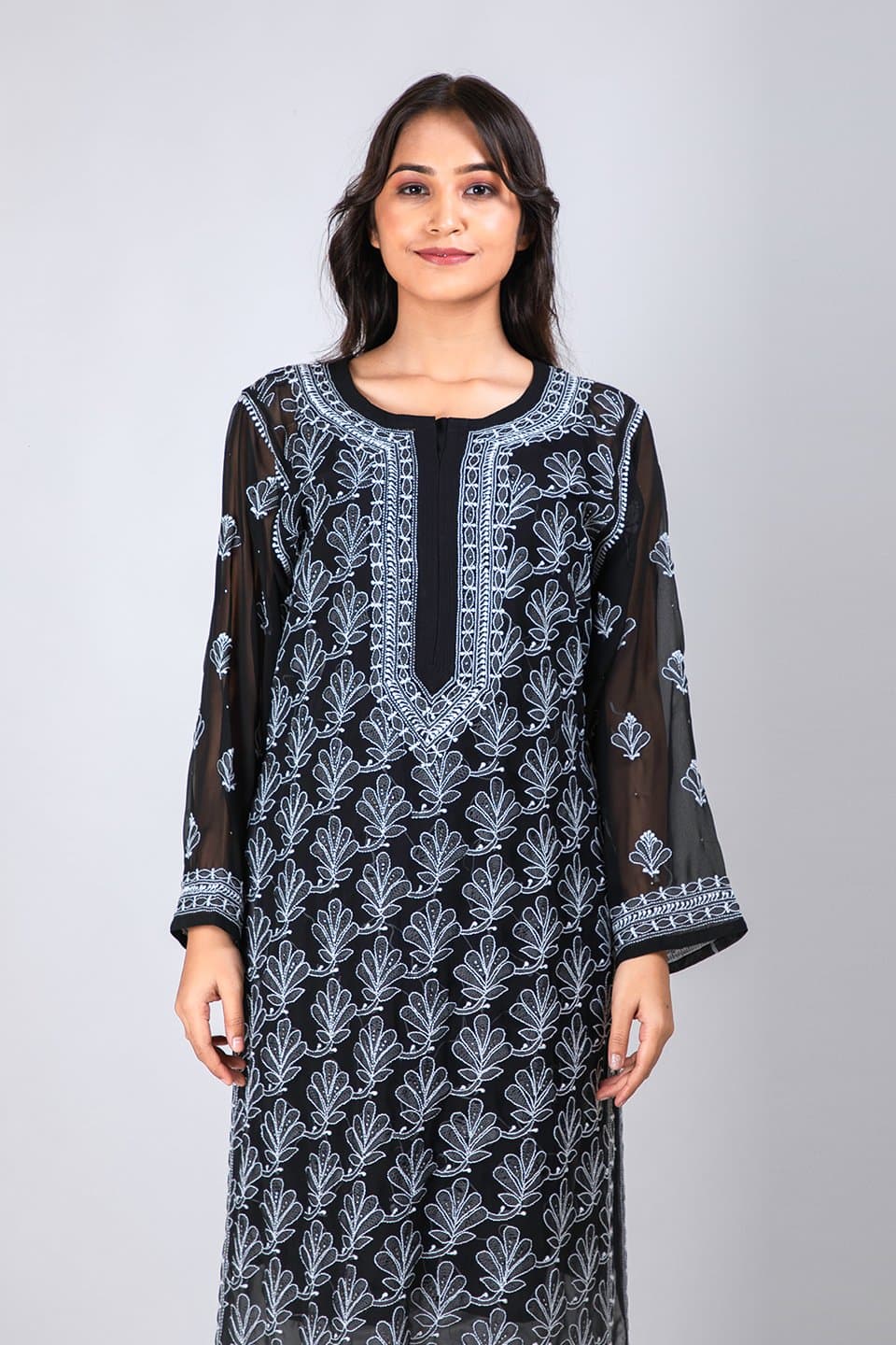 Lucknow Chikan Emporium Hand Lucknowi Chikankari Semi Georgette Kurti (Black) 