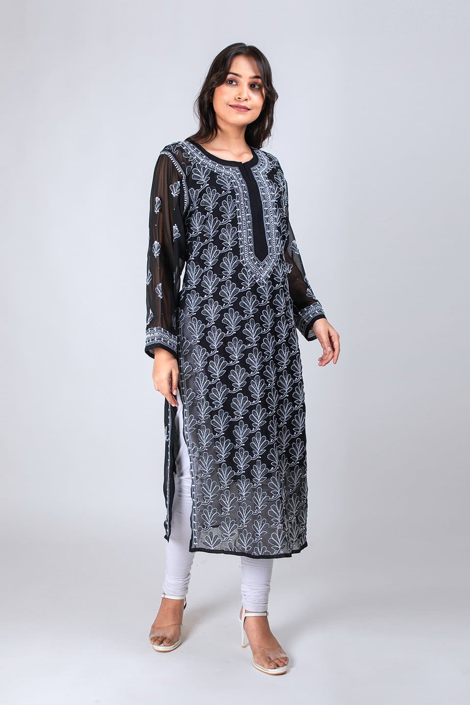 Lucknow Chikan Emporium Hand Lucknowi Chikankari Semi Georgette Kurti (Black) 