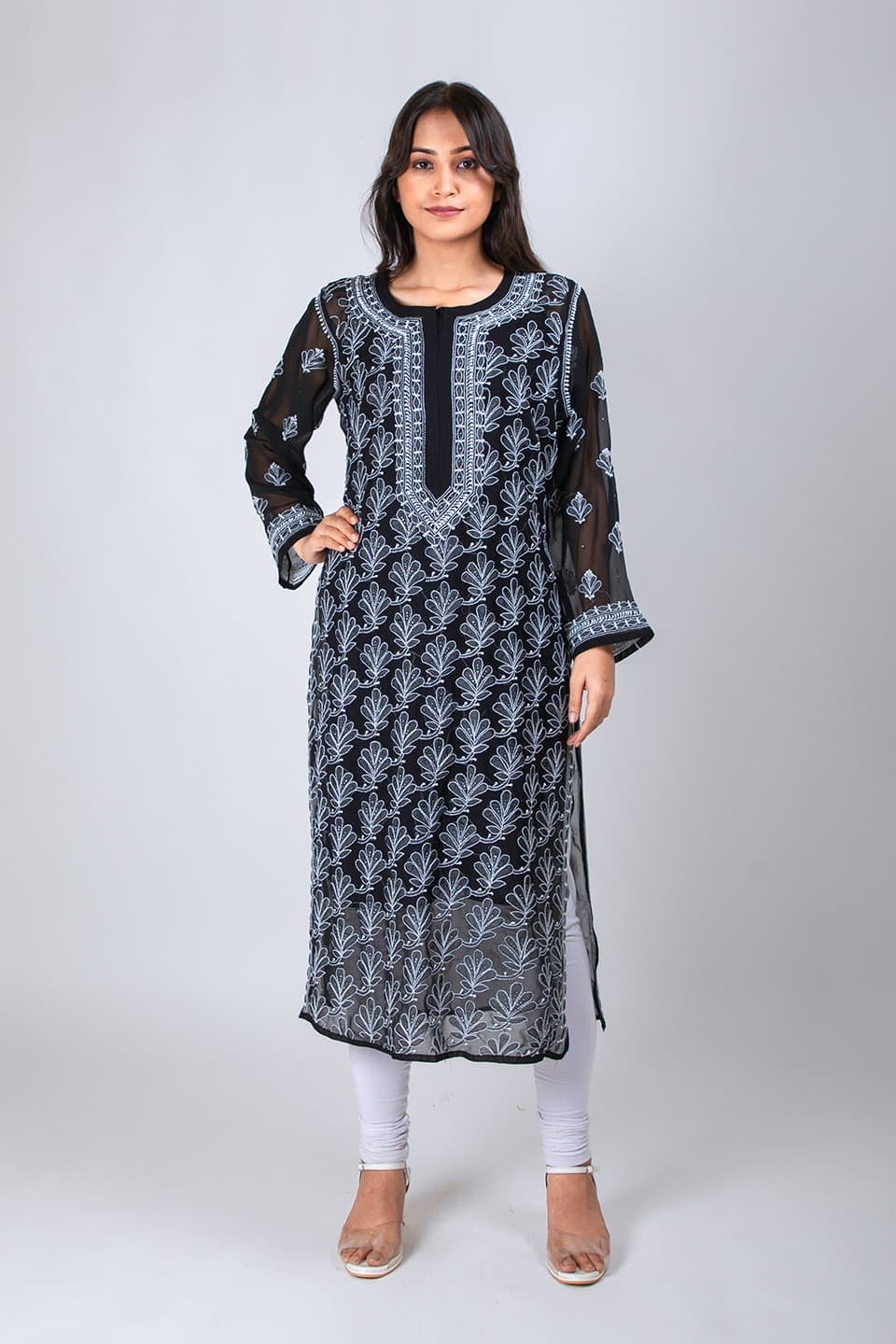 Lucknow Chikan Emporium Hand Lucknowi Chikankari Semi Georgette Kurti (Black) 