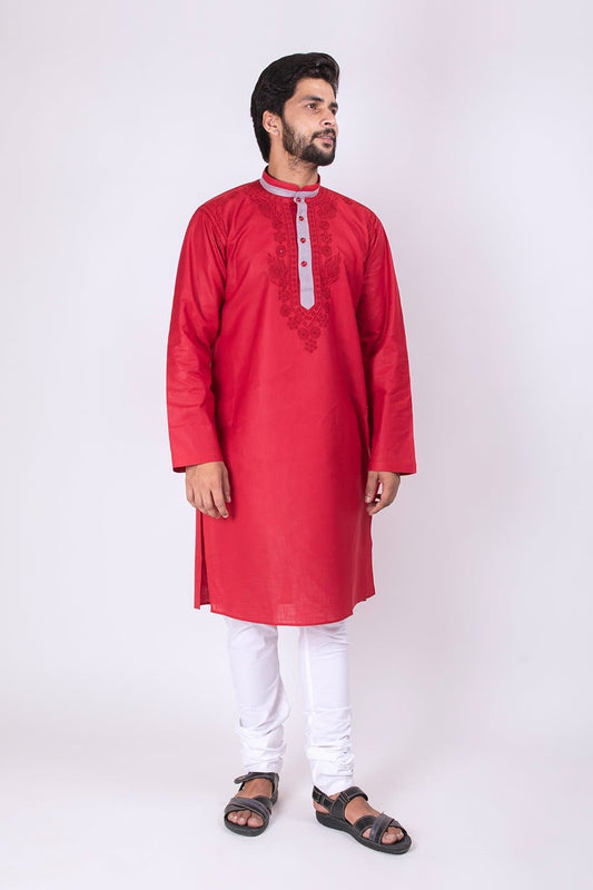 Lucknow Chikan Emporium Maroon Linen Cotton Hand Chikankari Kurta 