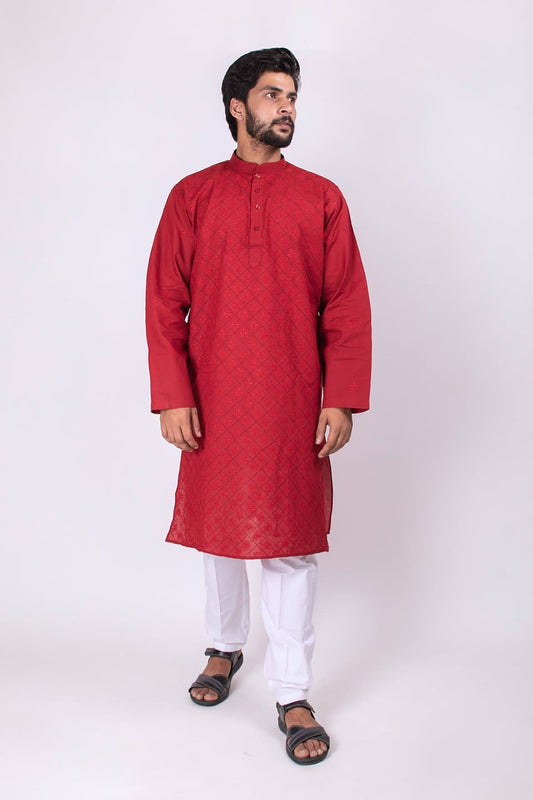 Lucknow Chikan Emporium Mens Chikankari Cotton  Kurta Maroon 