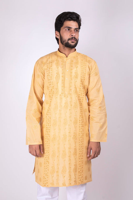 Lucknow Chikan Emporium Mustard Colour Cotton Gents Chikankari Kurta 