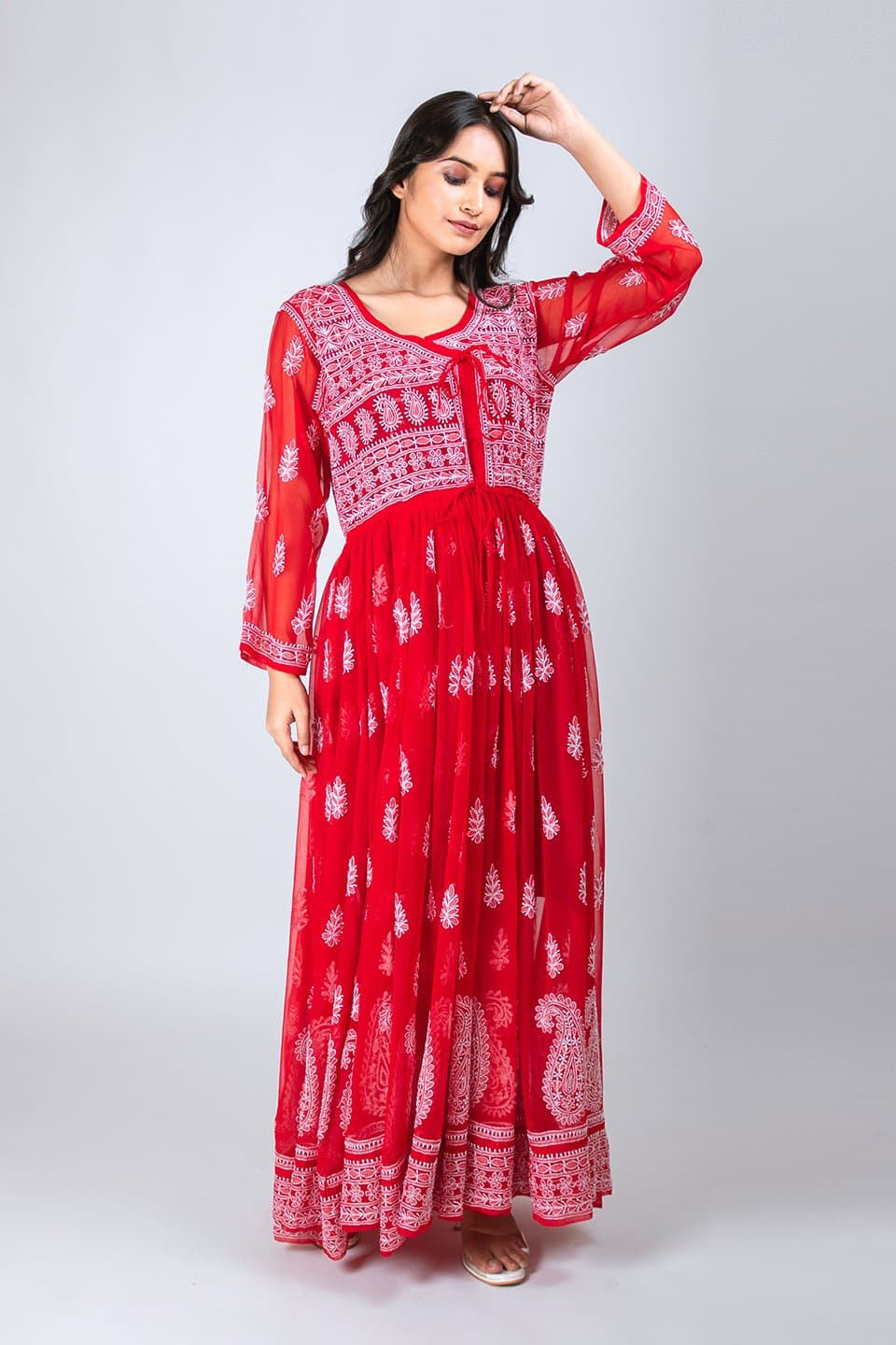 Lucknow Chikan Emporium Semi  Georgette Long Angrakha 