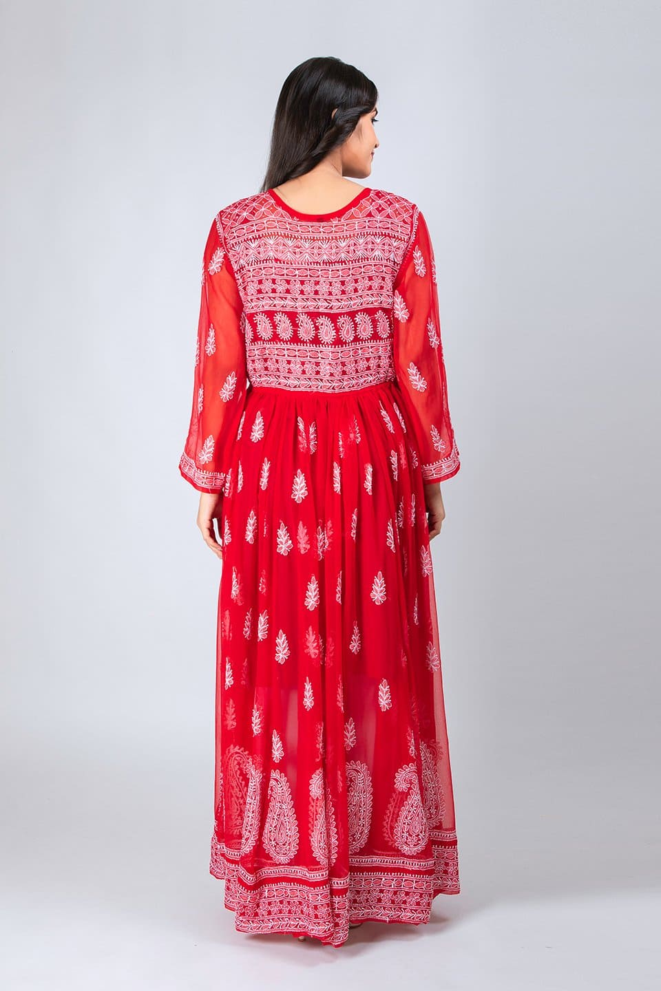Lucknow Chikan Emporium Semi  Georgette Long Angrakha 