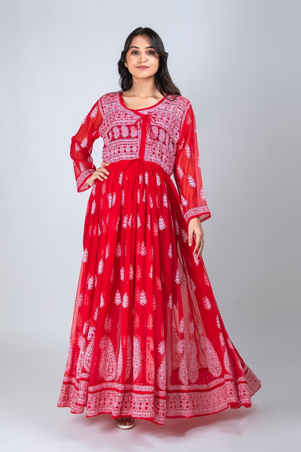Lucknow Chikan Emporium Semi  Georgette Long Angrakha 
