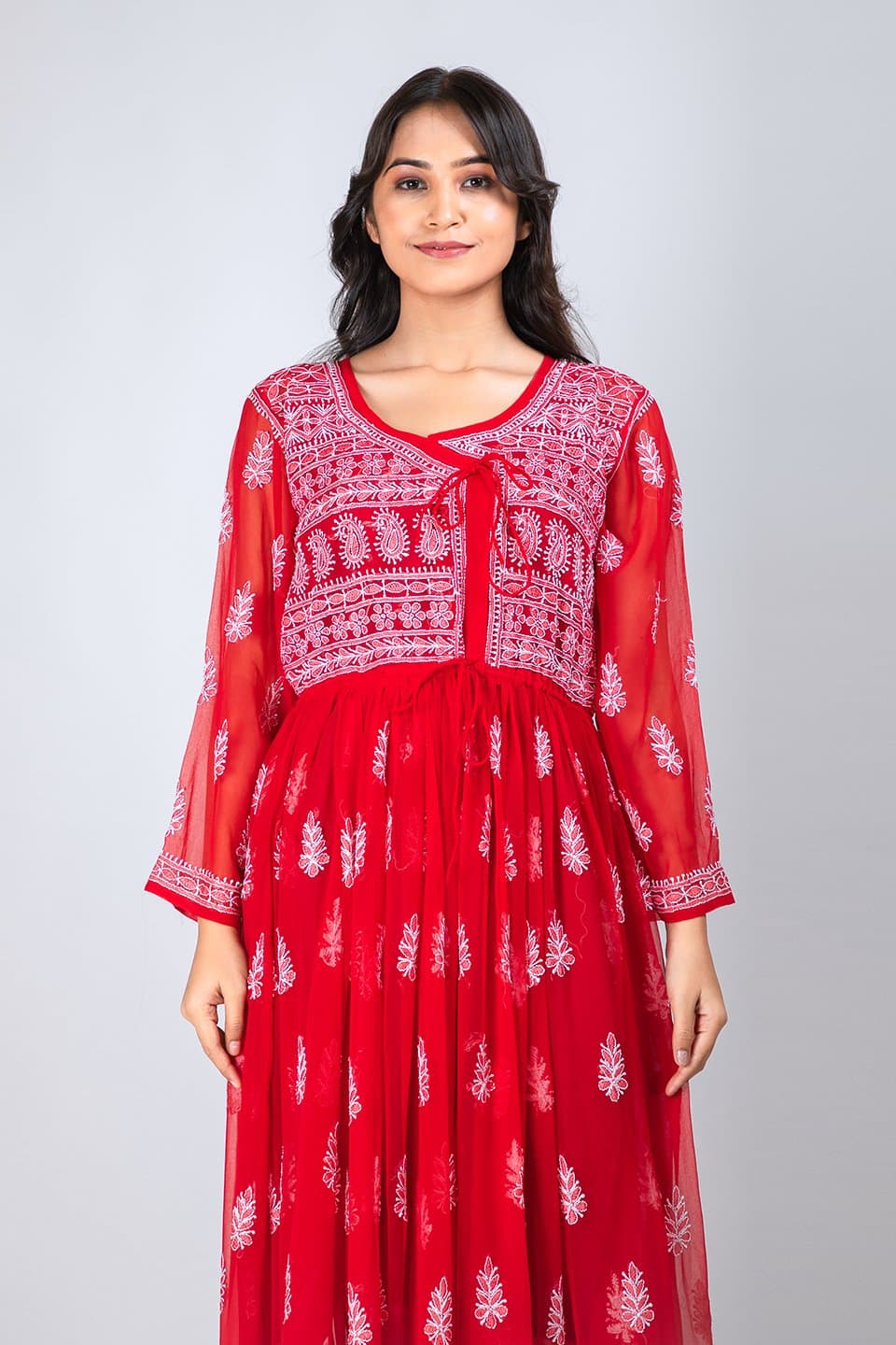 Lucknow Chikan Emporium Semi  Georgette Long Angrakha 