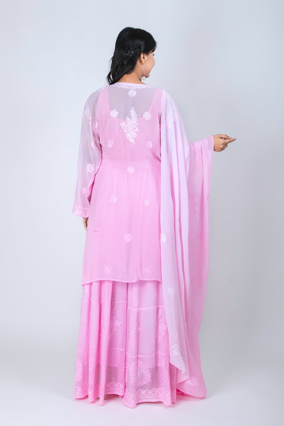 Lucknow Chikan Emporium Sharara Set With Duppatta (Pink) 