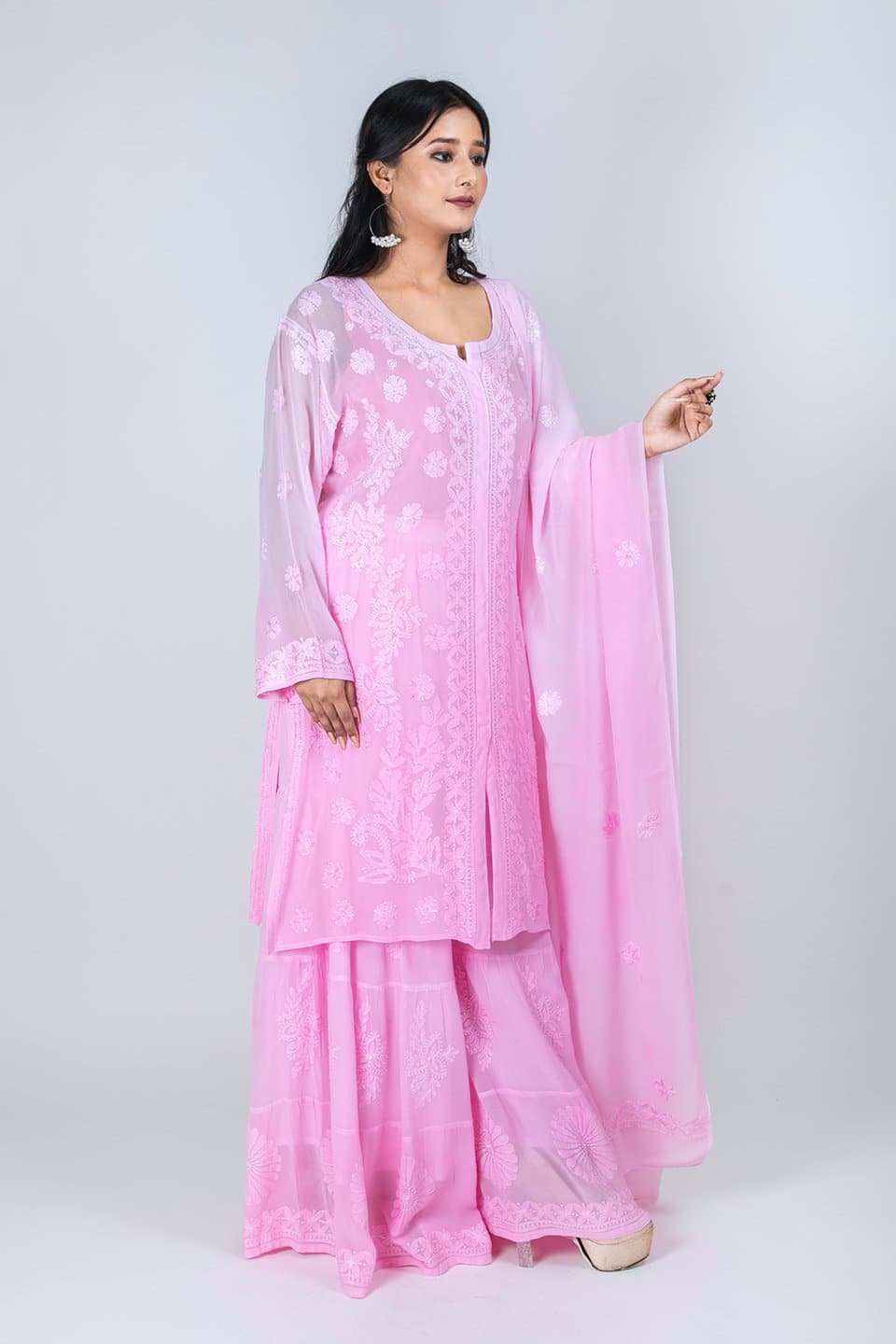 Lucknow Chikan Emporium Sharara Set With Duppatta (Pink) 