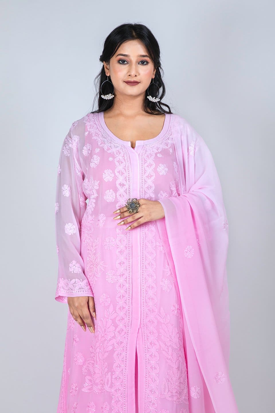 Lucknow Chikan Emporium Sharara Set With Duppatta (Pink) 